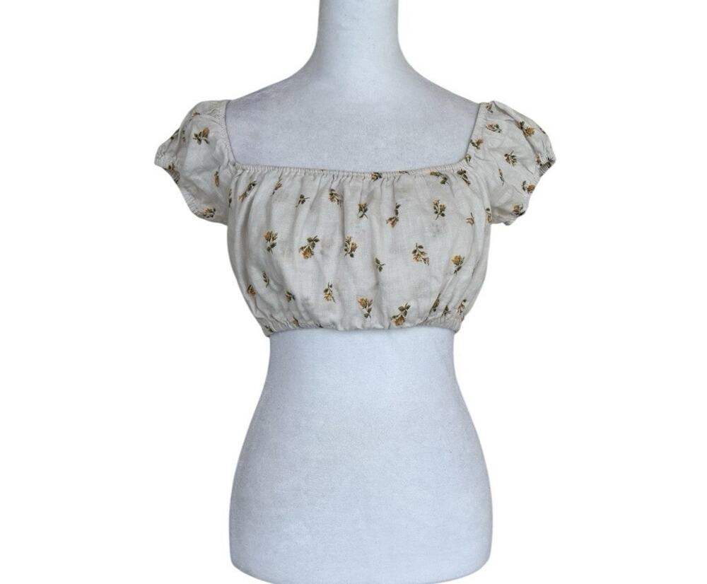 Reformation Juju Rosebud Floral Linen Off-Shoulder Crop Top XS Cottagecore